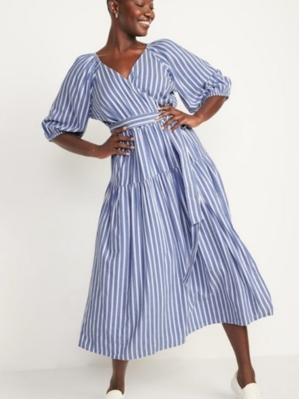 Old Navy Waist-Defined Striped Tie-Belt Midi Wrap Dress
